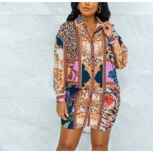 Her Bottari Shirt Dress Large Multicolor Patchwork Long Sleeve Button Front Mini